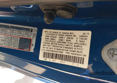 2013 Honda Civic Lx z USA, uszkodzony, nr VIN 2HGFG3B53DH514900